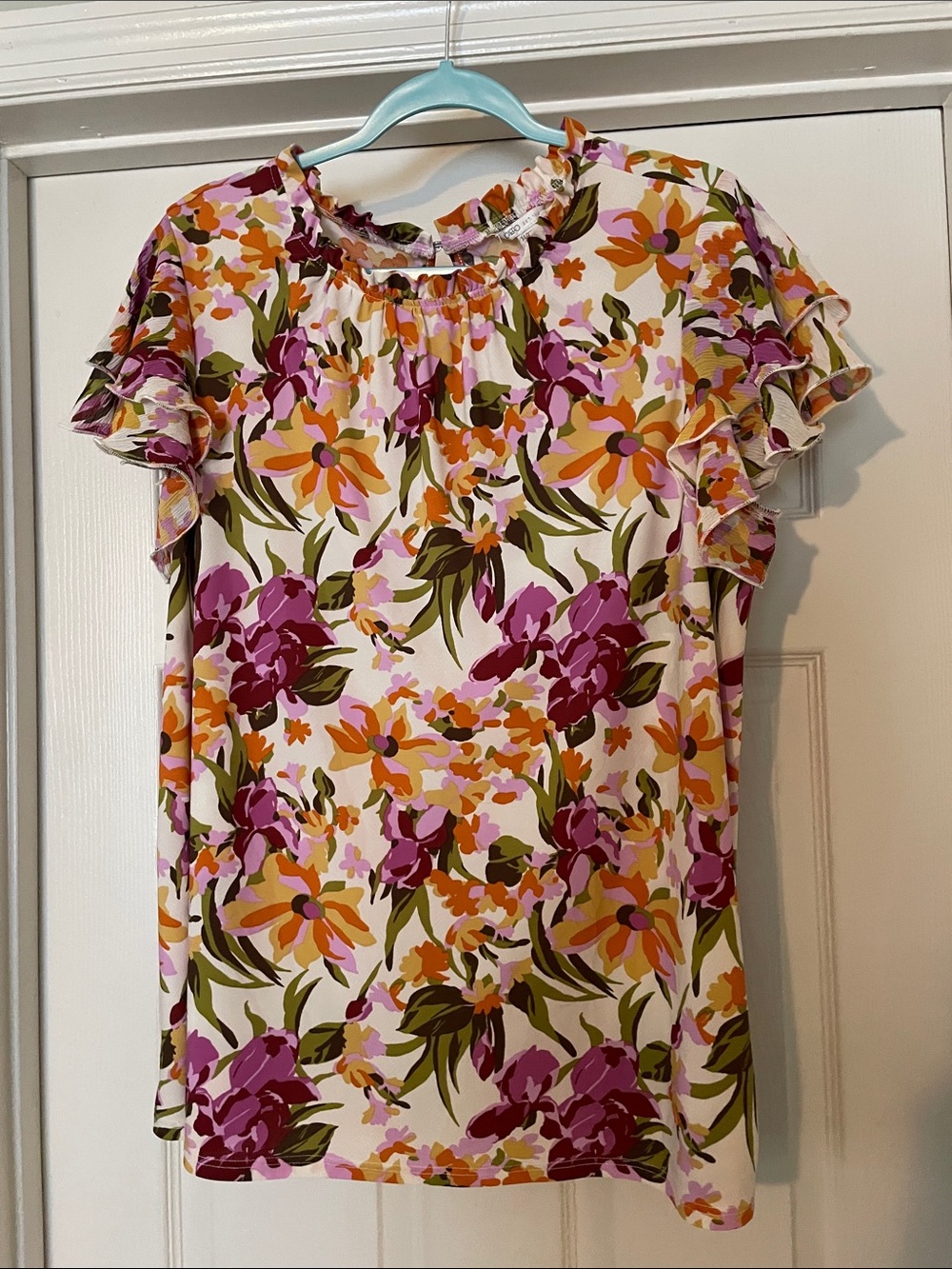 Cato Floral Ruffle Sleeve Blouse - Cream, Pink, Orange, Green - 14/16W
